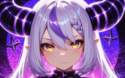 4k, laplus, fondo violeta grunge, luces de neón, youtuber virtual, retrato, hololive, vtuber, ojos verdes, la oscuridad, manga, canal laplus, youtuber virtual de laplus
