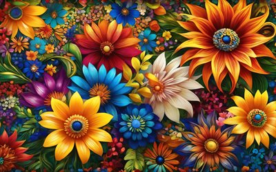 الزهور مجردة الملونة, 4k, مبدع, الفن التجريدي, ماكرو, خلفيات حمراء, زهور مجردة, الخلفية مع الزهور, زهور ملونة, خلفيات الأزهار الملونة, أنماط الزهور المجردة