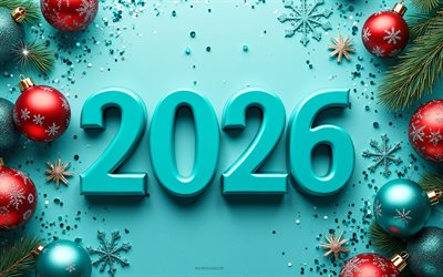 2026 gott nytt år, turkos bakgrund, 2026 turkosa 3d siffror, 2026 turkosa gratulationskort, gott nytt år 2026, konst, 2026 koncept, nyår 2026