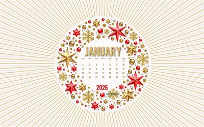 2026 January Calendar, 4k, Christmas golden frame, 2026 calendars, January, golden christmas decorations, January 2026 Calendar, 2026 concepts, Christmas template