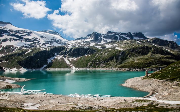 hermoso lago, montaña, bosque, cielo azul, Emerald Lake, British Columbia