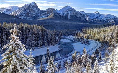 Bow River, winter, mountains, railroad, Banff National Park, Canada