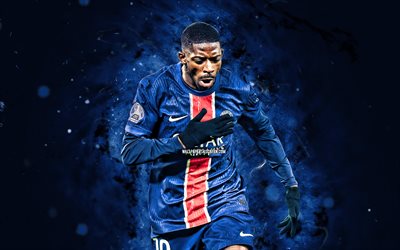 ousmane dembele, 4k, luci al neon blu, paris saint germain, ligue 1, calciatori francesi, ousmane dembele 4k, calcio, psg, ousmane dembele psg