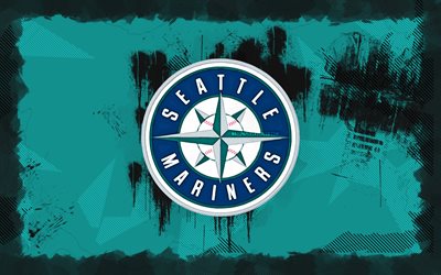 seattle mariners grunge logosu, 4k, mlb, turkuaz grunge arka plan, beyzbol, seattle mariners amblemi, seattle mariners logosu, amerikan beyzbol takımı, seattle mariners