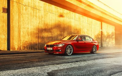 de la rue, 2015, BMW série 3, F30, pont, des berlines, des bmw rouge