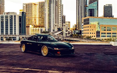 mazda rx 7, vue avant, extérieur, coupé sportif noir, black mazda rx 7, mazda rx 7 tuning, voitures de sport japonais, mazda