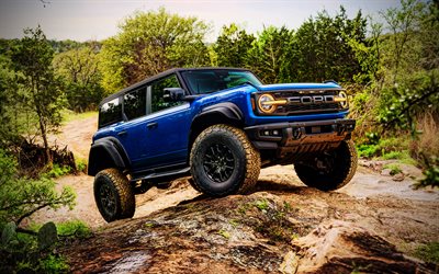 ford bronco raptor, 4k, hdr, 2025 auto, fuori strada, new ford bronco, estremo, blue ford bronco, dune di sabbia, 2025 ford bronco, auto americane, guado, suv