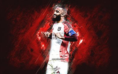Alexandre Lacazette, Olympique Lyon, French footballer, red stone background, grunge art, Ligue 1, France, football, Alexandre Lacazette Lyon
