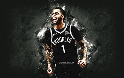D'Angelo Russell, Brooklyn Nets, American basketball player, white stone background, grunge art, NBA, USA, basketball