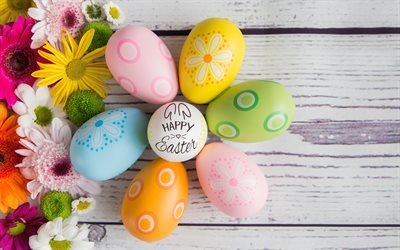 4k, felices pascuas, huevos de pascua coloridos, decoración de la pascua, antecedentes con huevos de pascua, plantilla de tarjeta de pascua