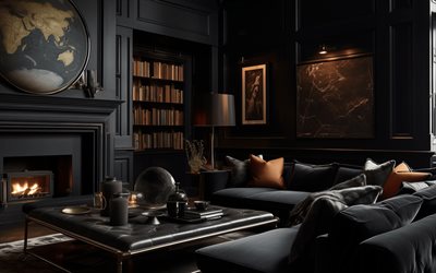 intérieur élégant noir, salon, style gothique, murs noirs dans le salon, cheminée noire, meubles noirs, salon en style gothique, design d'intérieur moderne, gothique, projet de salon avec des murs noirs