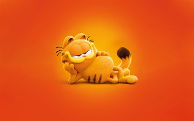 garfield, 4k, minimalismus, 2024 film, das garfield, orangefarbene hintergründe, lügende katze, zeichentrickfiguren