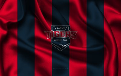 4k, Kia Tigers logo, red blue silk fabric, South Korean baseball team, Kia Tigers emblem, KBO League, Kia Tigers, South Korea, baseball, Kia Tigers flag, KBO