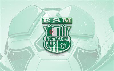 es mostaganem logo glossy, 4k, fondo de fútbol verde, ligue argelina professionnelle 1, fútbol, es la mosaganem, club de fútbol argelino, es el emblema de mosaganem es, logotipo de es mostaganem, mosaganem fc