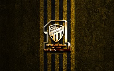 al idihad club golden logo, 4k, gelber steinhintergrund, saudische pro  liga, saudischer fußballverein, al ittihad club logo, fußball, al ittihad club emblem, al ittihad club, al ittihad fc