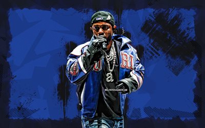 4k, 켄드릭 라마르, 파란색 그런지 배경, 미국 래퍼, 음악 스타, 콘서트, 미국 가수, kendrick lamar duckworth, 파란색 초록 배경, 켄드릭 라마르 4k