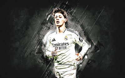 Arda Guler, Real Madrid, Turkish football player, La Liga, Spain, white stone background, grunge art, football, Arda Guler Real Madrid