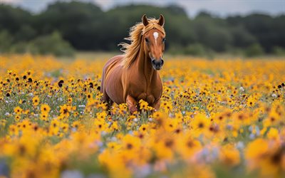 braunes pferd, frühling, pferd unter blumenfeld, gelbe wilde blumen, pferde, tierwelt