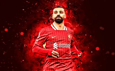 Mohamed Salah, 4k, red neon lights, Liverpool FC, Premier League, egyptian footballers, Mohamed Salah 4K, LFC, football, soccer, Mohamed Salah Hamed Mahrous Ghaly, Liverpool, Mo Salah, Mohamed Salah Liverpool