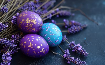 4k, purple Easter eggs, Happy Easter, lavender, spring flowers, Easter, painted eggs, Easter decoration, background for Easter card
