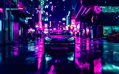 テスラモデルs, サイバーパンク, フロントビュー, モデルsアート, アメリカの電気自動車, クリエイティブアート, サイバーパンクアート, モデルs, アメリカの車, テスラ
