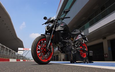 ドゥカティモンスター, 4k, レースウェイ, 2021バイク, スーパーバイク, 赤いオートバイ, 2021 ducati monster, イタリアのオートバイ, ドゥカティ