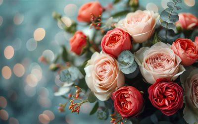 rote und rosa rosen, rosenstrauß, hintergrund mit rosen, rosa rosen, rote rosen, rosebuds, schöne blumen, rosen