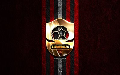 al raed sfc golden logo, 4k, roter steinhintergrund, saudische pro  liga, saudischer fußballverein, al raed sfc  logo, fußball, al raed sfc  emblem, al raed sfc, al raed fc