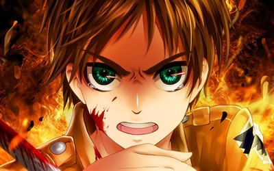 エレン・イーガー, 青い目, shingeki no kyojin, 火の炎, 漫画, 進撃の巨人, アニメキャラクター, 主人公, タイタンのキャラクターへの攻撃, タイタンに対するエレン・イーガーの攻撃