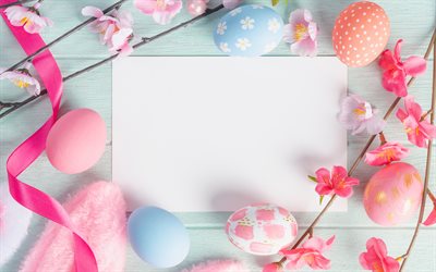 Easter, 4k, spring, Easter eggs, tulips, spring flowers, Easter greeting card nest with eggs, Easter template, empty paper