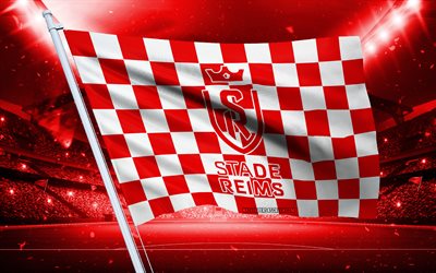 4k, stade de reims logosu, fransız futbol kulübü, stadyum bayrağı, stade de reims hayranları bayrağı, kırmızı beyaz bayrak, stade de reims amblemi, ligue 1, fransa, reims fc, futbol, stade de reims