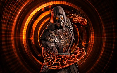 tremor black dragon, 4k, fond en spirale orange, mortal kombat mobile, créatif, kombat mortel, tremor black dragon mk mobile, personnages mortels de kombat