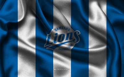4k, logo samsung lions, tessuto di seta blu bianco, squadra di baseball sudcoreana, emblema di samsung lions, kbo league, samsung lions, corea del sud, baseball, flag samsung lions, kbo