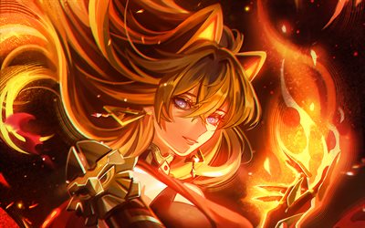 dehya, fiamme di fuoco, impatto di genshin, notte, personaggi anime, opera d'arte, personaggi di genshin impact, dehya genshin impact