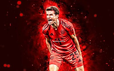 4k, thomas muller, kırmızı soyut arka plan, bayern münih fc, bundesliga, alman futbolcuları, thomas muller 4k, kırmızı neon işıklar, futbol, thomas muller bayern münih