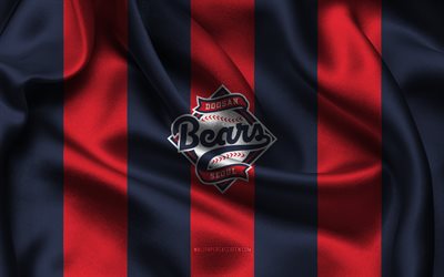 4k, Doosan Bears logo, red blue silk fabric, South Korean baseball team, Doosan Bears emblem, KBO League, Doosan Bears, South Korea, baseball, Doosan Bears flag, KBO