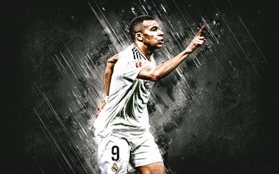 Kylian Mbappe, Real Madrid, French footballer, white stone background, La Liga, Spain, football, Mbappe Real Madrid