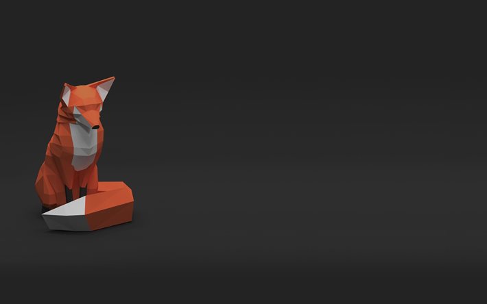 fox, 4k, 3d, creative, gray background, low poly