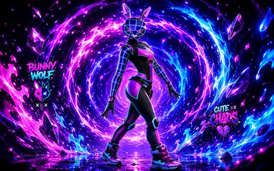 Bunnywolf Fortnite, 4k, purple 3D vortex background, Fortnite, fan art, Bunnywolf Skin, Fortnite Bunnywolf Skin, creative, Bunnywolf, Fortnite characters
