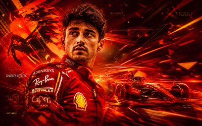 Charles Leclerc, 4k, red digital background, Scuderia Ferrari, Formula 1, Monegasque racing drivers, fan art, Charles Leclerc 4K, Formula One, F1, Charles Leclerc Ferrari