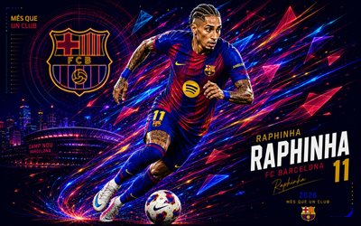 Raphinha, FC Barcelona, fan art, white abstract digital background, Raphinha FC Barcelona, creative art, FC Barcelona logo, Raphinha Barcelona, football, Barcelona
