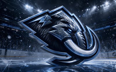 4k, Utah Mammoth metal logo, spotlights, ice arena, NHL, creative, hockey, Utah Mammoth logo, hockey stadium, Utah Mammoth 3D logo, american hockey team, Utah Mammoth