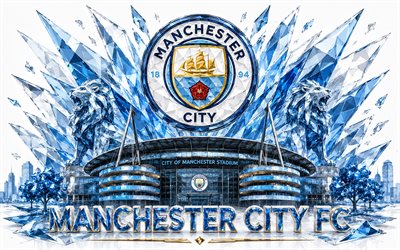 Manchester City FC logo, 4k, English football club, Manchester City FC, crystal art, Manchester City FC emblem, City of Manchester Stadium, Manchester City, England, football, Premier League
