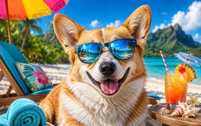 Welsh Corgi Pembroke, 4k, summer, tropical beach, beach accessories, sea, sun lounger, sunglasses, dogs, cute animals, beach, сorgi, pets, dog in sunglasses, Welsh Corgi Pembroke Dog