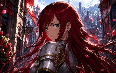 Erza Scarlet, 4k, castle, iron armor, Fairy Tail, warrior, manga, anime charaters, Torii, Fairy Tail characters, Erza Scarlet Fairy Tail