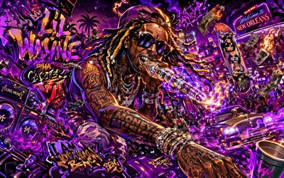 Lil Wayne, 4k, concert, night party, cartoon art, fans, creative background, music stars, Dwayne Michael Carter Jr, american rapper, Lil Wayne art, american celebrity, Lil Wayne 4K
