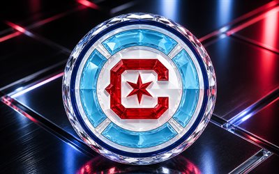 Chicago Fire FC logo, blue metal background, Chicago Fire FC emblem, Chicago Fire FC crystal sign, MLS, USA, football, soccer, Chicago Fire FC, Chicago Fire