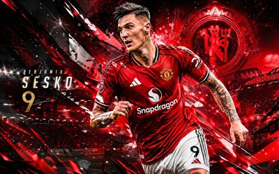 benjamín sesko, manchester united fc, fan art, fondo digital abstracto rojo, benjamín sesko manchester united fc, arte creativo, logotipo del manchester united fc, benjamín sesko manchester united, fútbol americano, manchester unido