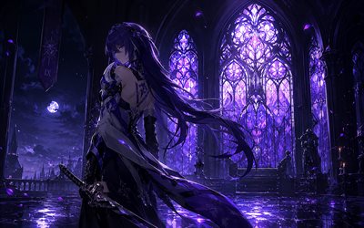 4k, aqueronte, noite, trilho estrela honkai, vitrais, castelo, personagens de anime, mangá, personagens honkai star rail, olhos violetas, trilho estelar acheron honkai