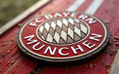 logo en bois 3d du fc bayern munich, fond en bois rouge, emblème en bois du fc bayern munich, logo du fc bayern munich, allemagne, football, fc bayern munich, logo du bayern munich, bayern munich